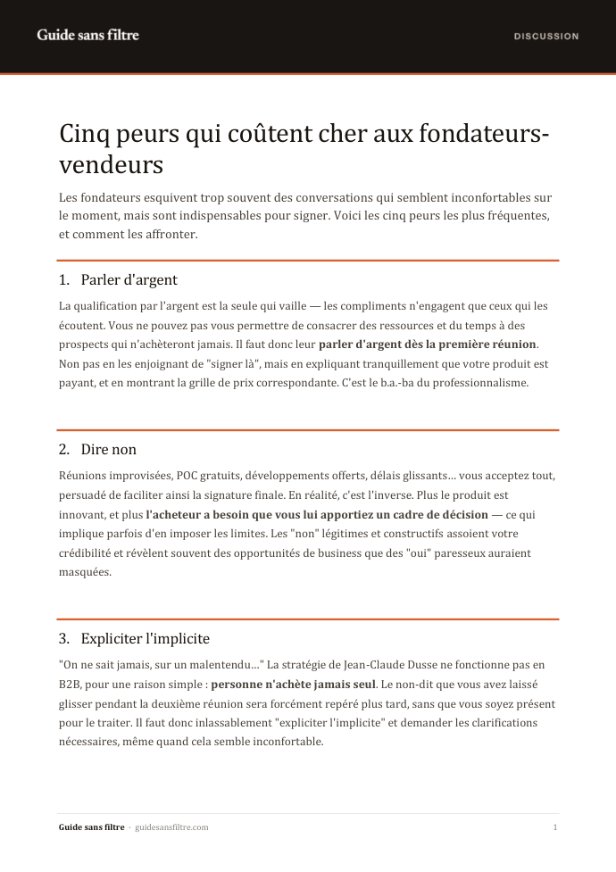 Première page de « Cinq peurs qui coûtent cher aux fondateurs-vendeurs »